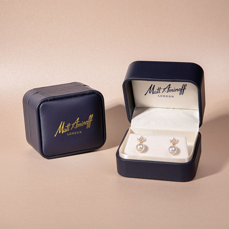 18ct Yellow Gold AAA Akoya Pearl Earrings with Three Claw Set Marquise Diamonds