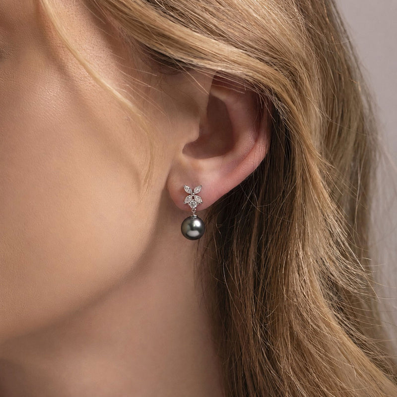 18ct White Gold AAA Tahitian Grey Pearl and Floral Diamond Cluster Earrings