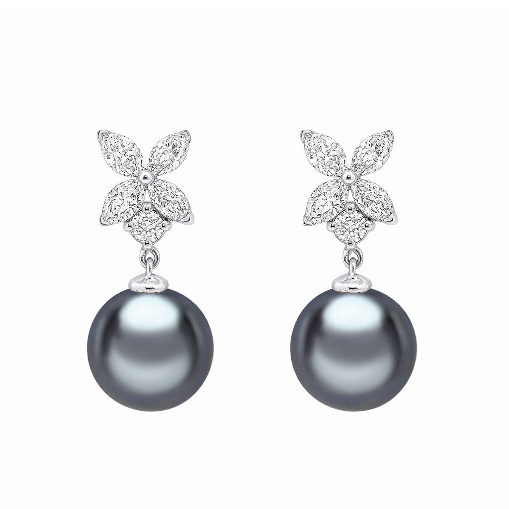 18ct White Gold AAA Tahitian Grey Pearl and Floral Diamond Cluster Earrings