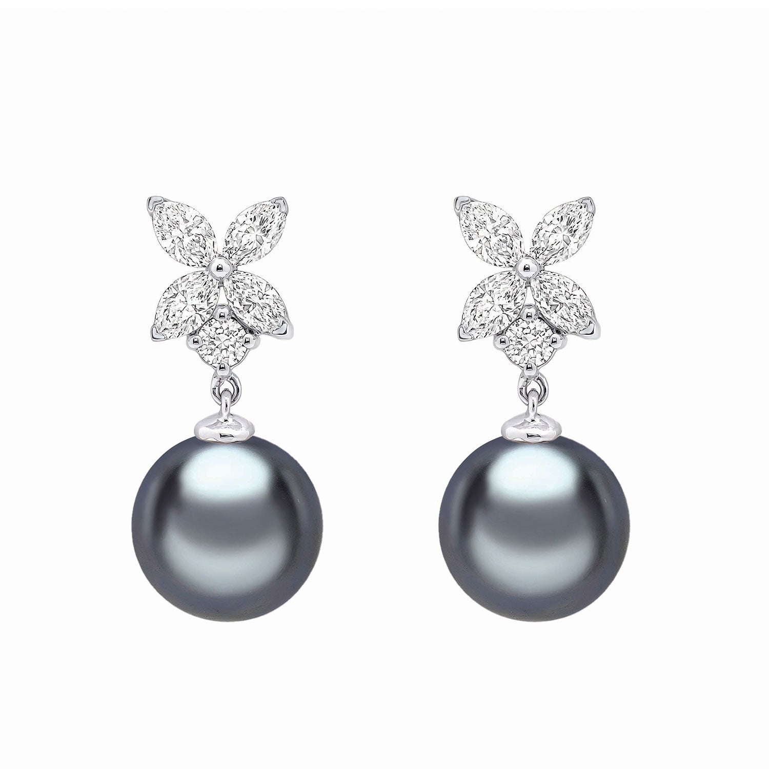 18ct White Gold AAA Tahitian Grey Pearl and Floral Diamond Cluster Earrings