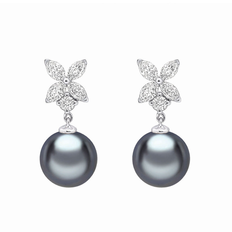 18ct White Gold AAA Tahitian Grey Pearl and Floral Diamond Cluster Earrings
