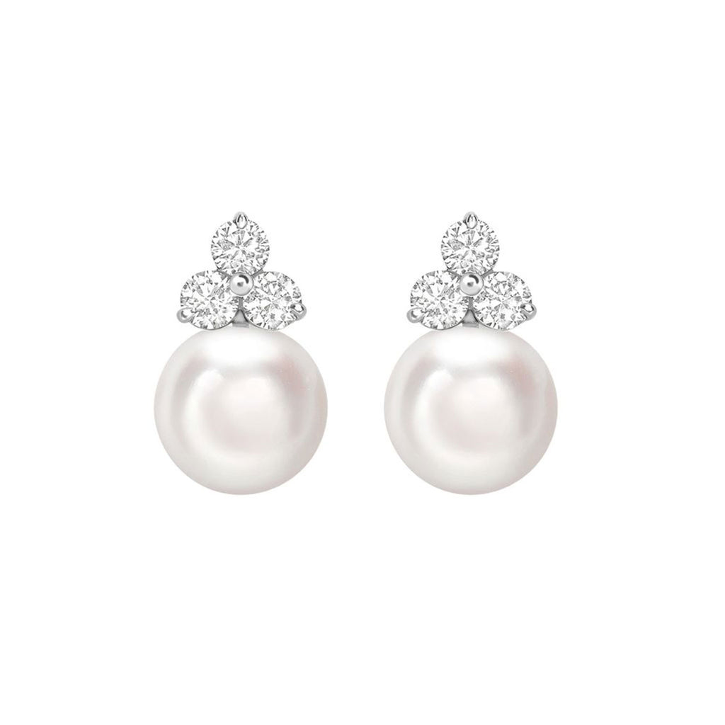 18ct White Gold AAA Akoya Pearl and Diamond Trefoil Earrings