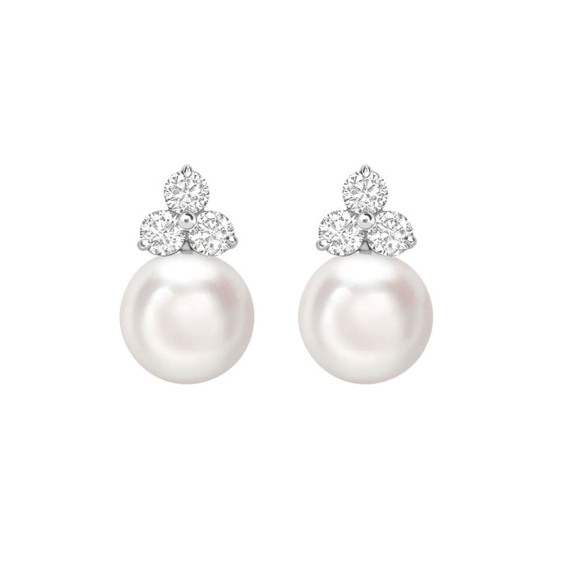 18ct White Gold AAA Akoya Pearl and Diamond Trefoil Earrings
