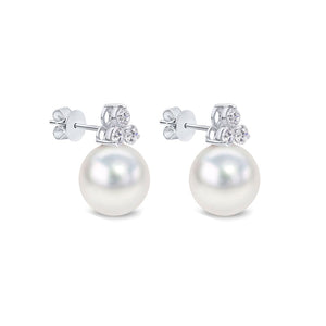18ct White Gold AAA Akoya Pearl and Diamond Trefoil Earrings, view 3