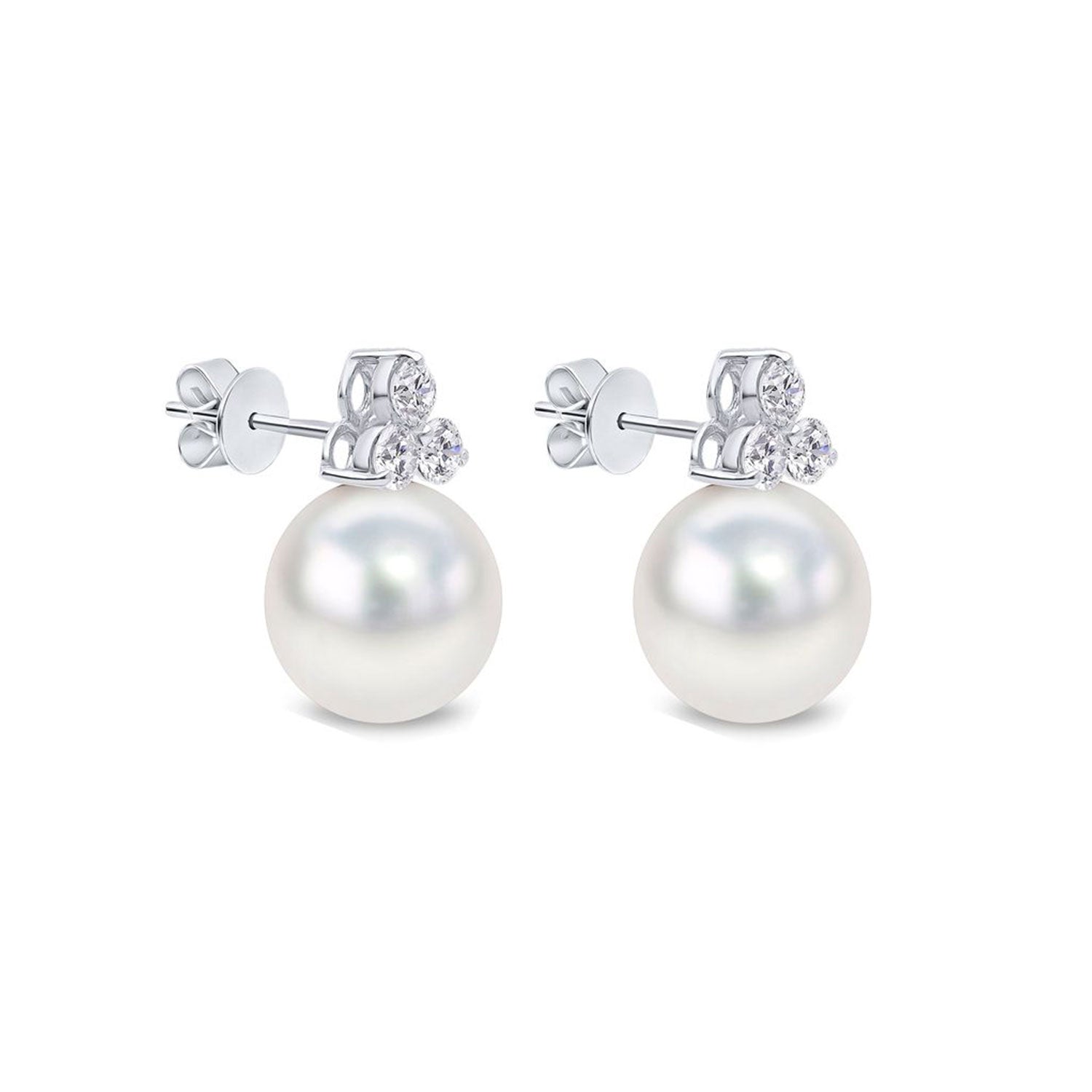 18ct White Gold AAA Akoya Pearl and Diamond Trefoil Earrings