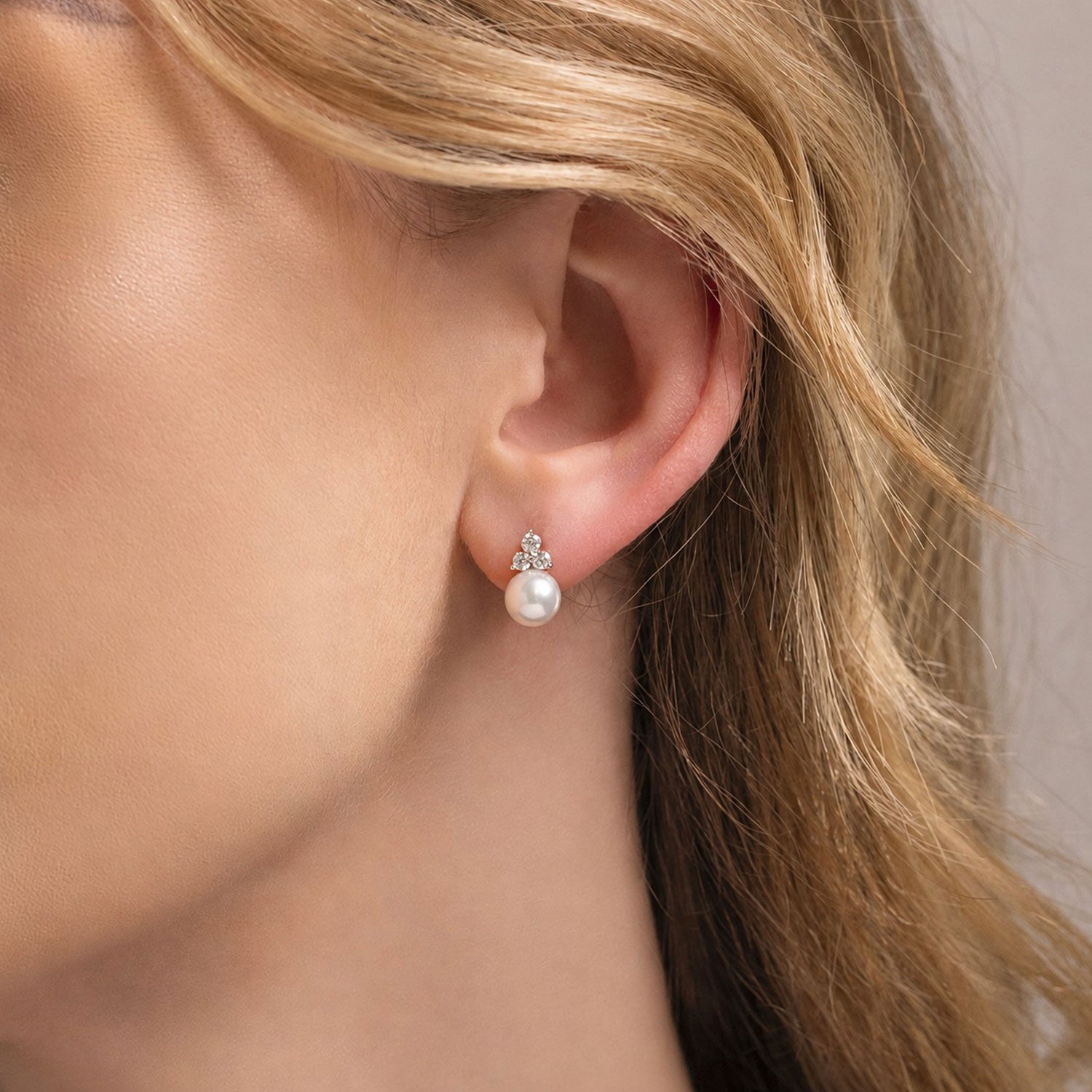 18ct White Gold AAA Akoya Pearl and Diamond Trefoil Earrings