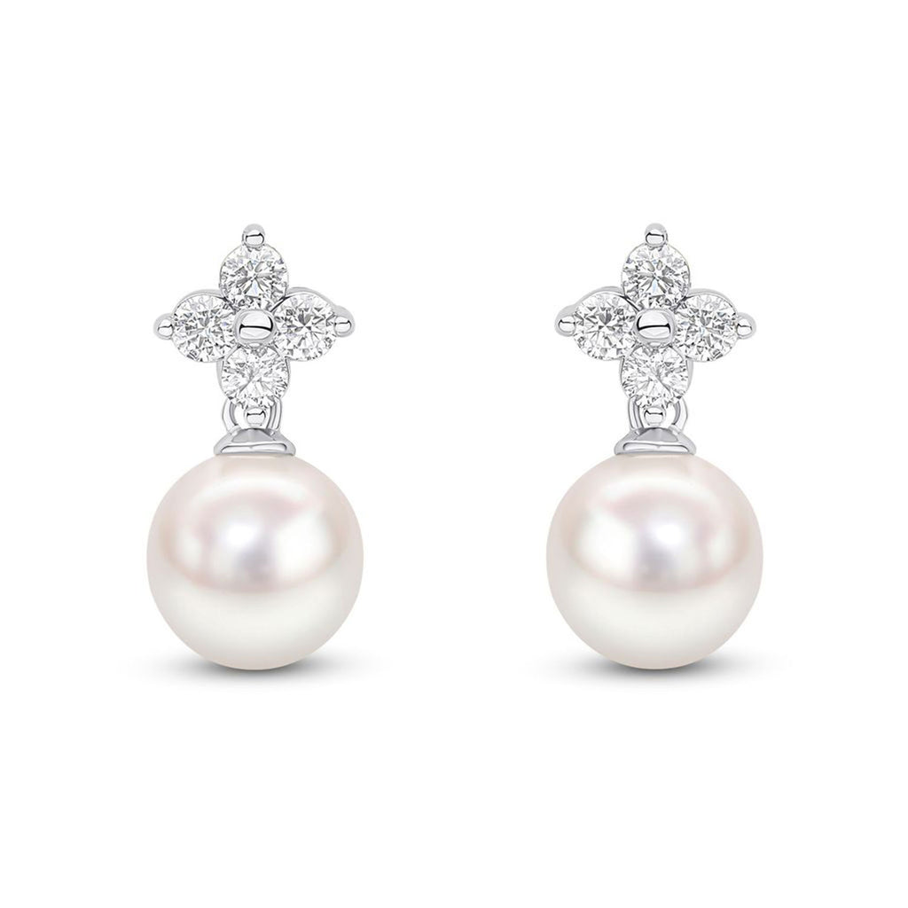 18ct White Gold 8-8.5mm AAA Akoya Pearl and Diamond Quatrefoil Earrings