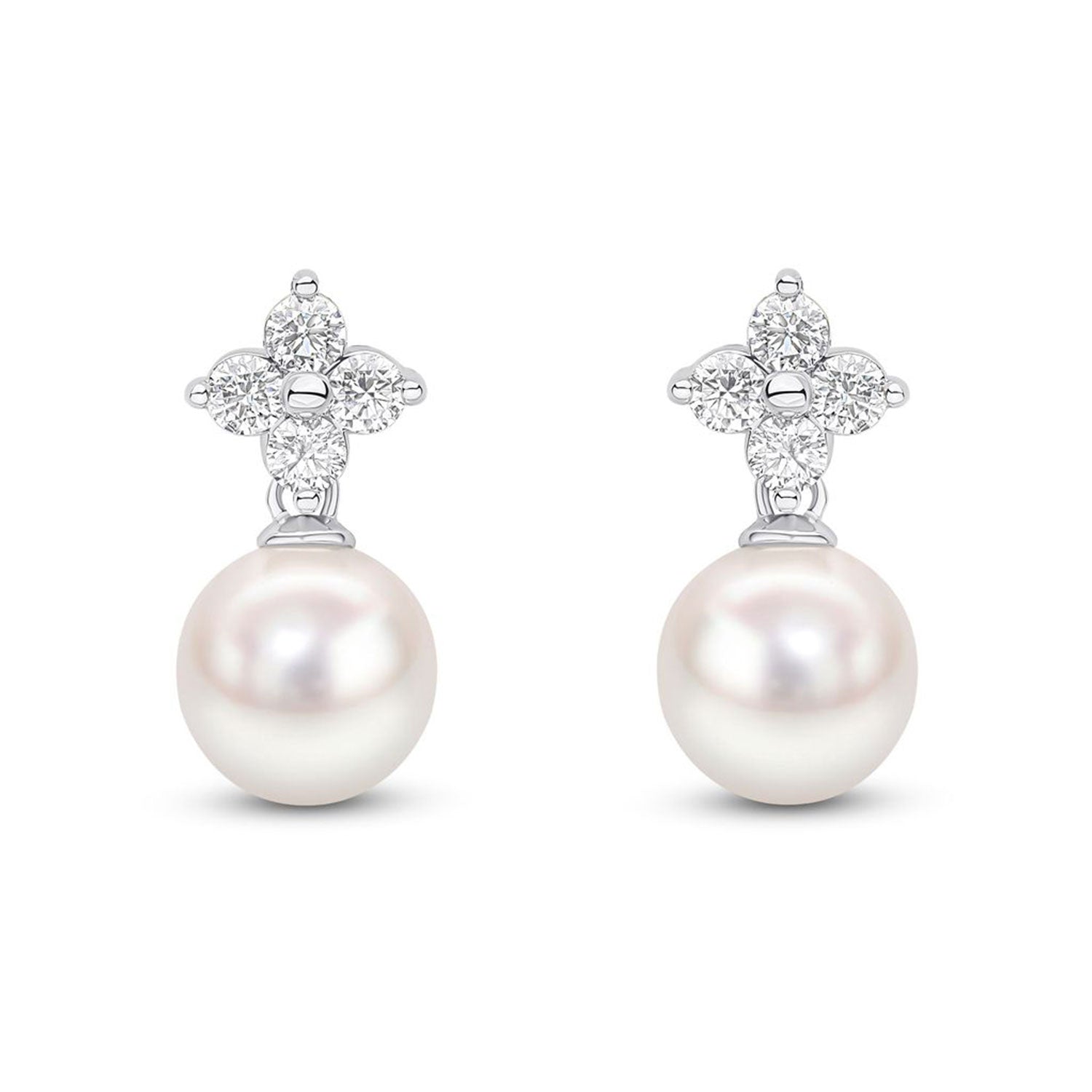 18ct White Gold AAA Akoya Pearl and Diamond Quatrefoil Earrings