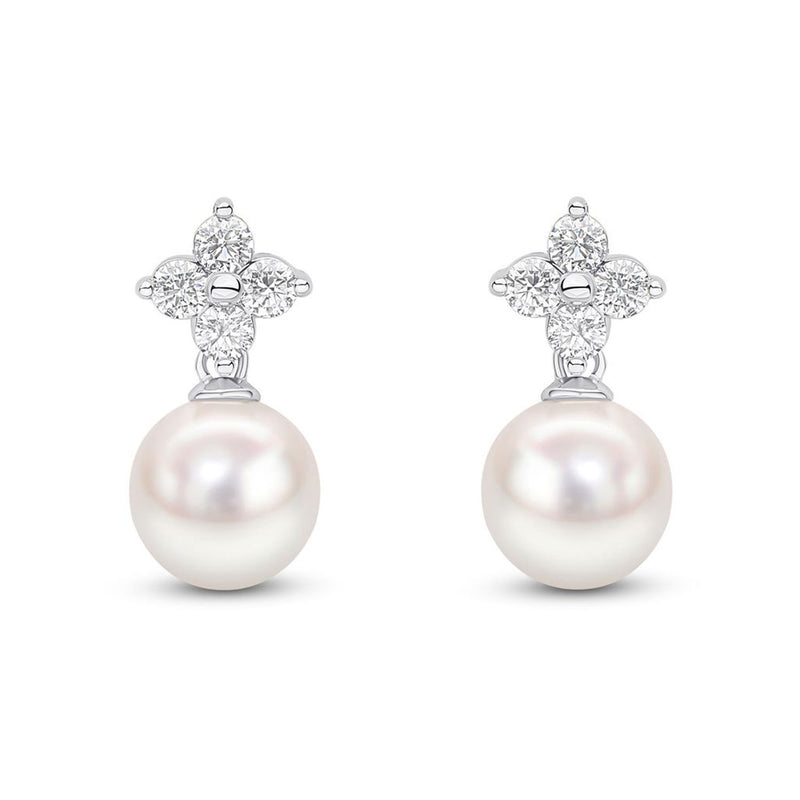 18ct White Gold AAA Akoya Pearl and Diamond Quatrefoil Earrings