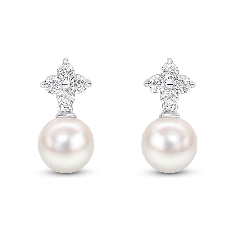 18ct White Gold 8.5-9mm AAA Akoya Pearl and Diamond Quatrefoil Earrings