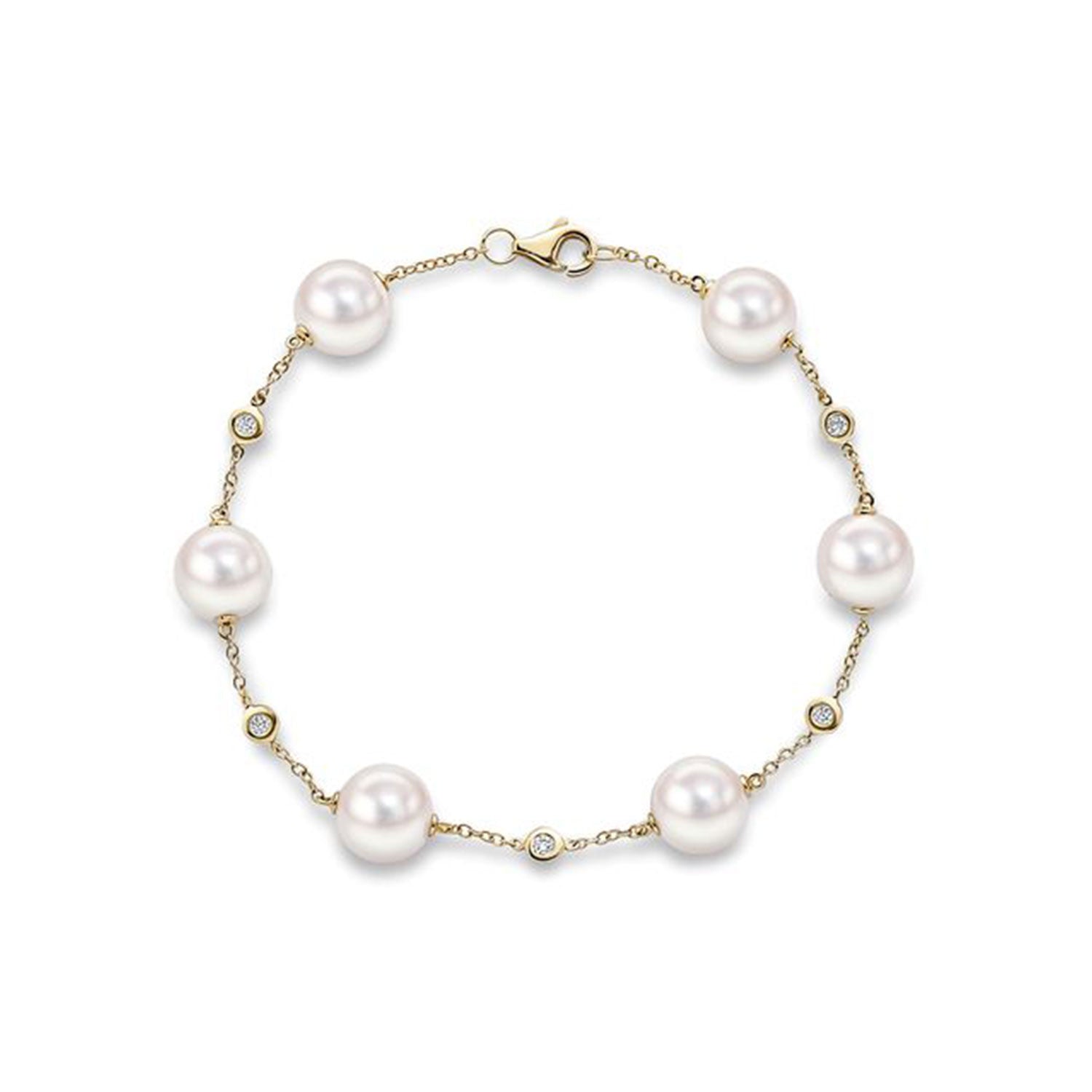 18ct Yellow Gold AAA Akoya Pearl and Diamond Chain Bracelet