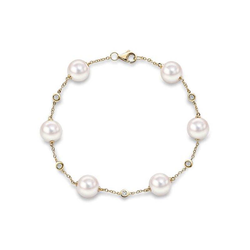 18ct Yellow Gold AAA Akoya Pearl and Diamond Chain Bracelet