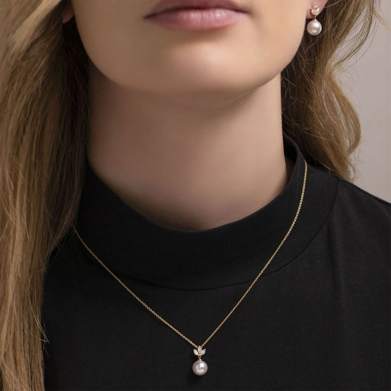 18ct Yellow Gold AAA Akoya Pearl Pendant with Three Claw Set Marquise Diamonds