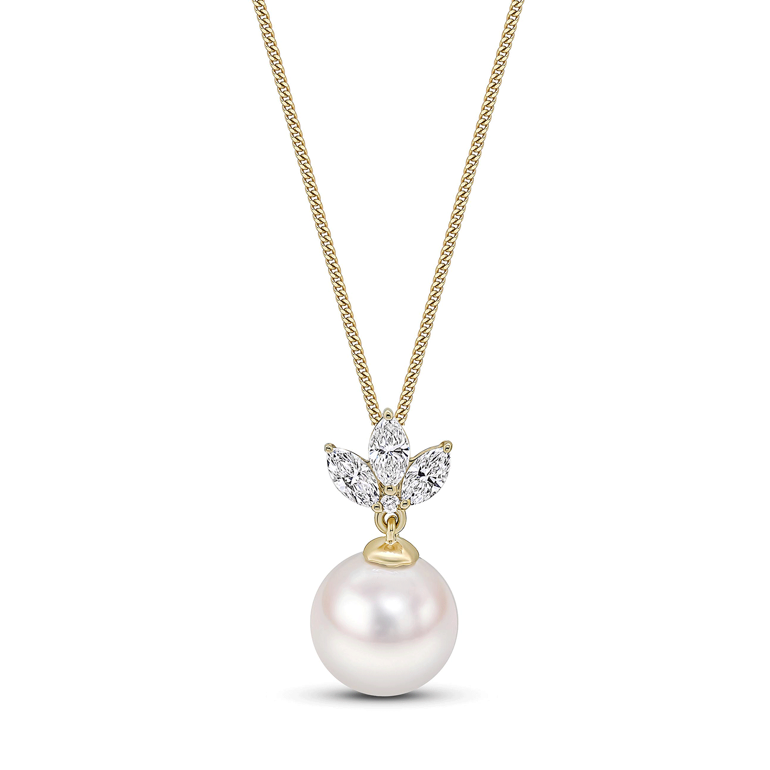 18ct Yellow Gold AAA Akoya Pearl Pendant with Three Claw Set Marquise Diamonds