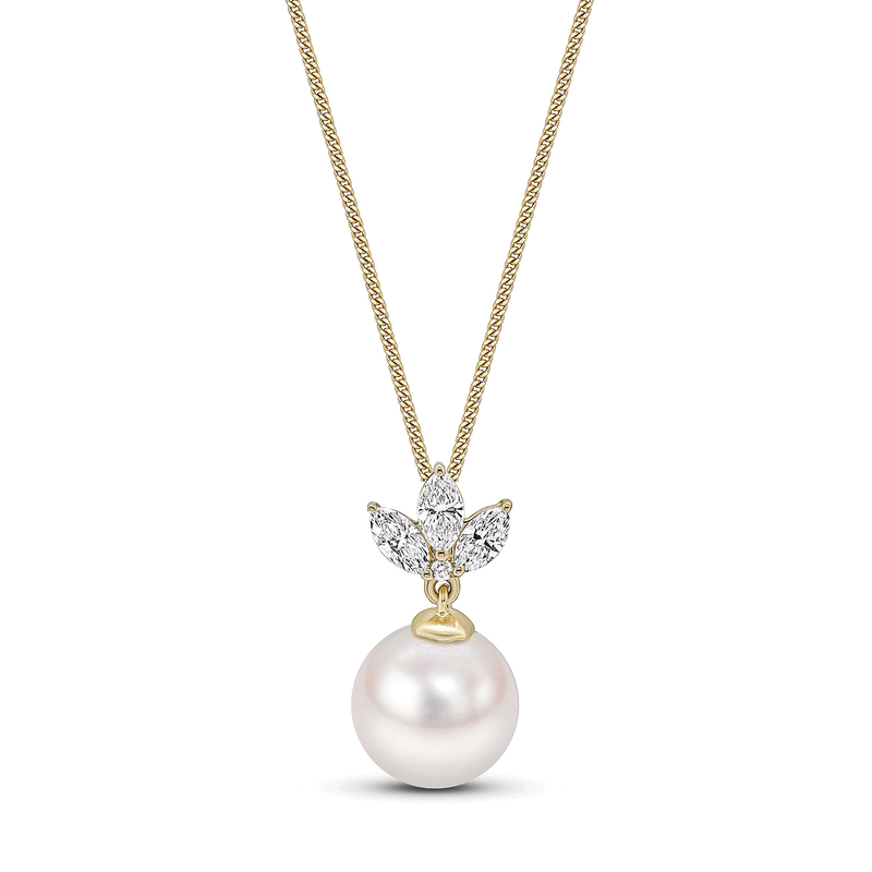18ct Yellow Gold AAA Akoya Pearl Pendant with Three Claw Set Marquise Diamonds