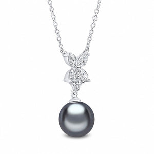 18ct White Gold AAA Tahitian Grey Pearl And Floral Diamond Cluster Pendant, view 2