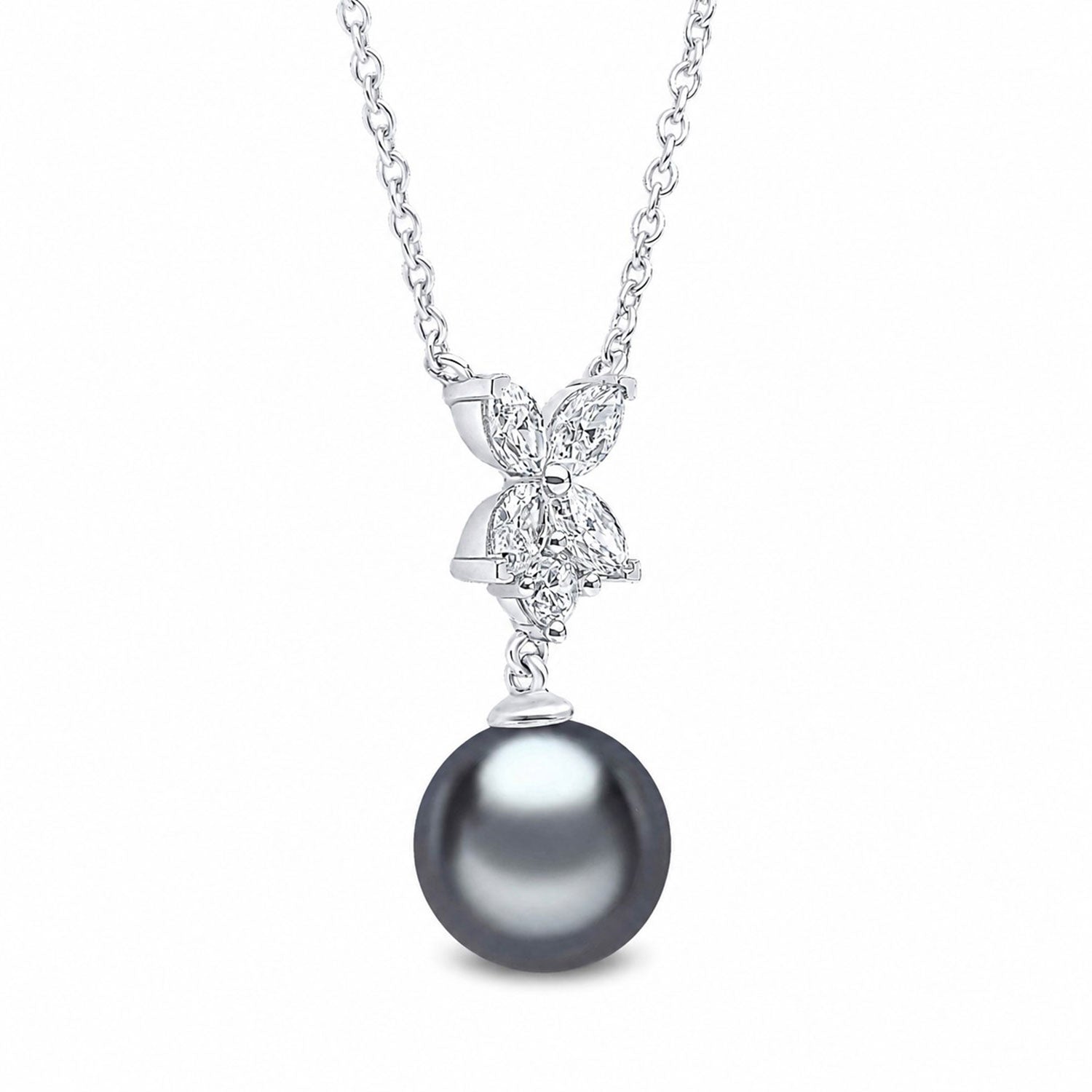 18ct White Gold AAA Tahitian Grey Pearl And Floral Diamond Cluster Pendant