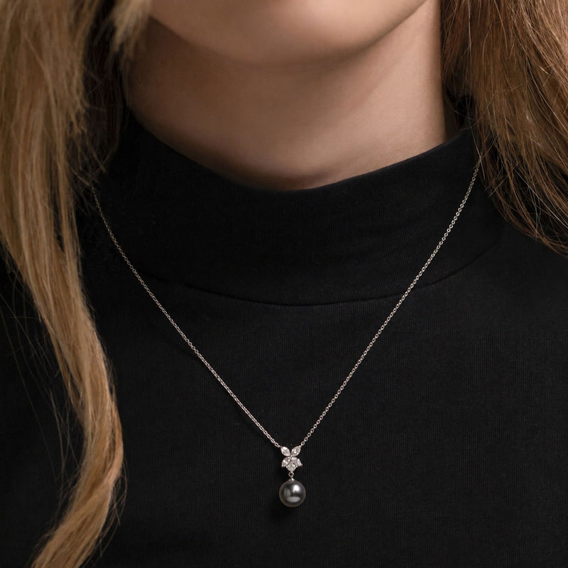 18ct White Gold AAA Tahitian Grey Pearl And Floral Diamond Cluster Pendant