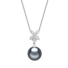 18ct White Gold AAA Tahitian Grey Pearl And Floral Diamond Cluster Pendant