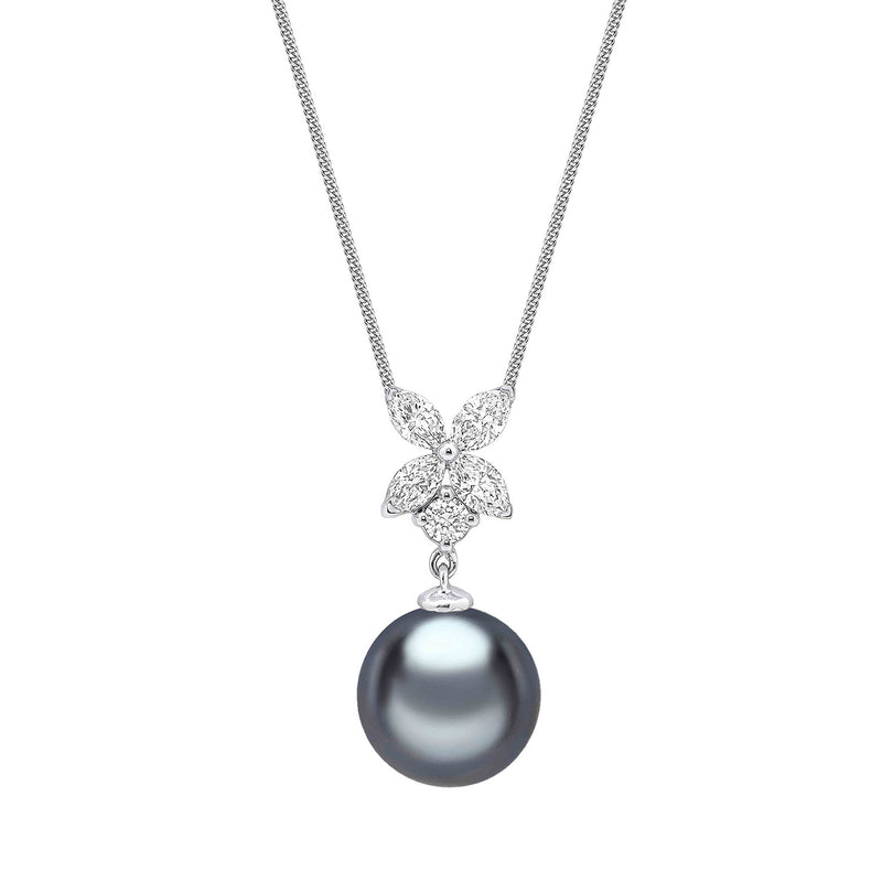 18ct White Gold AAA Tahitian Grey Pearl And Floral Diamond Cluster Pendant