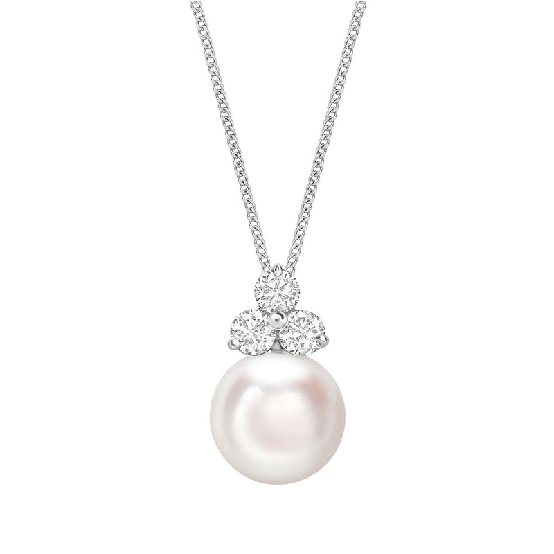 18ct White Gold AAA Akoya Pearl and Diamond Trefoil Pendant