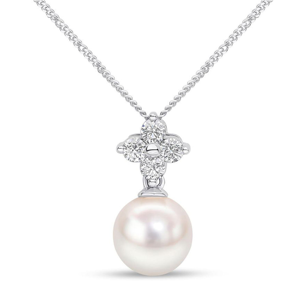 18ct White Gold 8-8.5mm AAA Akoya Pearl and Diamond Quatrefoil Pendant