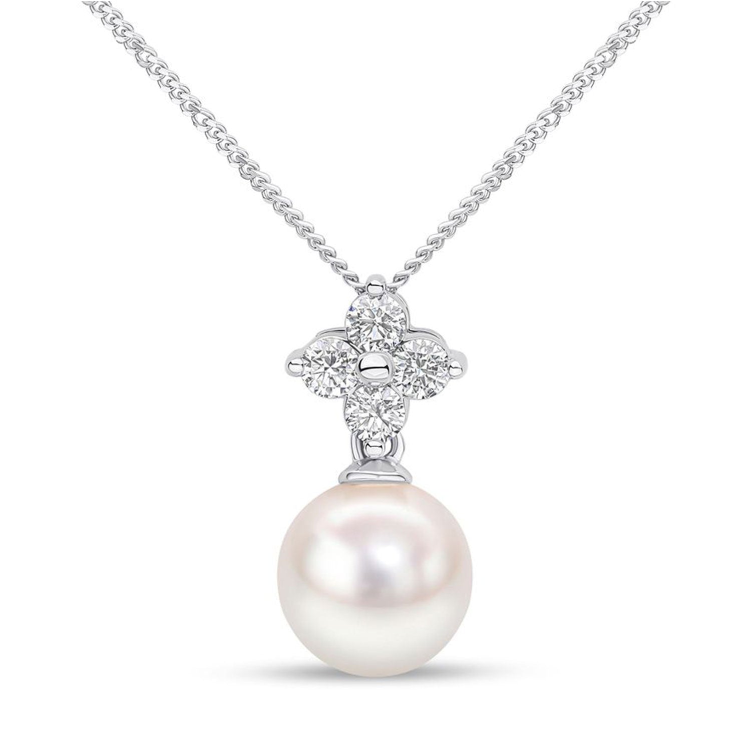 18ct White Gold AAA Akoya Pearl and Diamond Quatrefoil Pendant