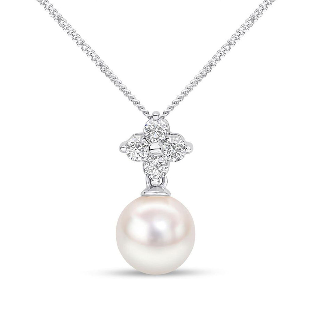 18ct White Gold 8.5-9mm AAA Akoya Pearl and Diamond Quatrefoil Pendant