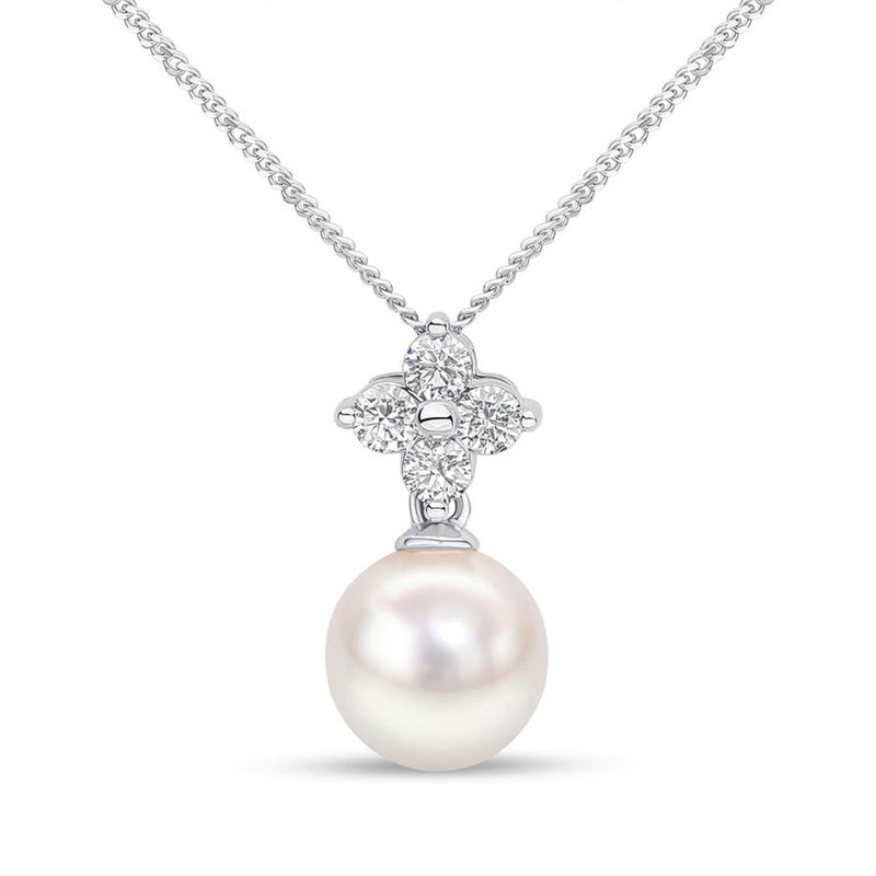 18ct White Gold AAA 8.5-9mm Akoya Pearl and Diamond Quatrefoil Pendant
