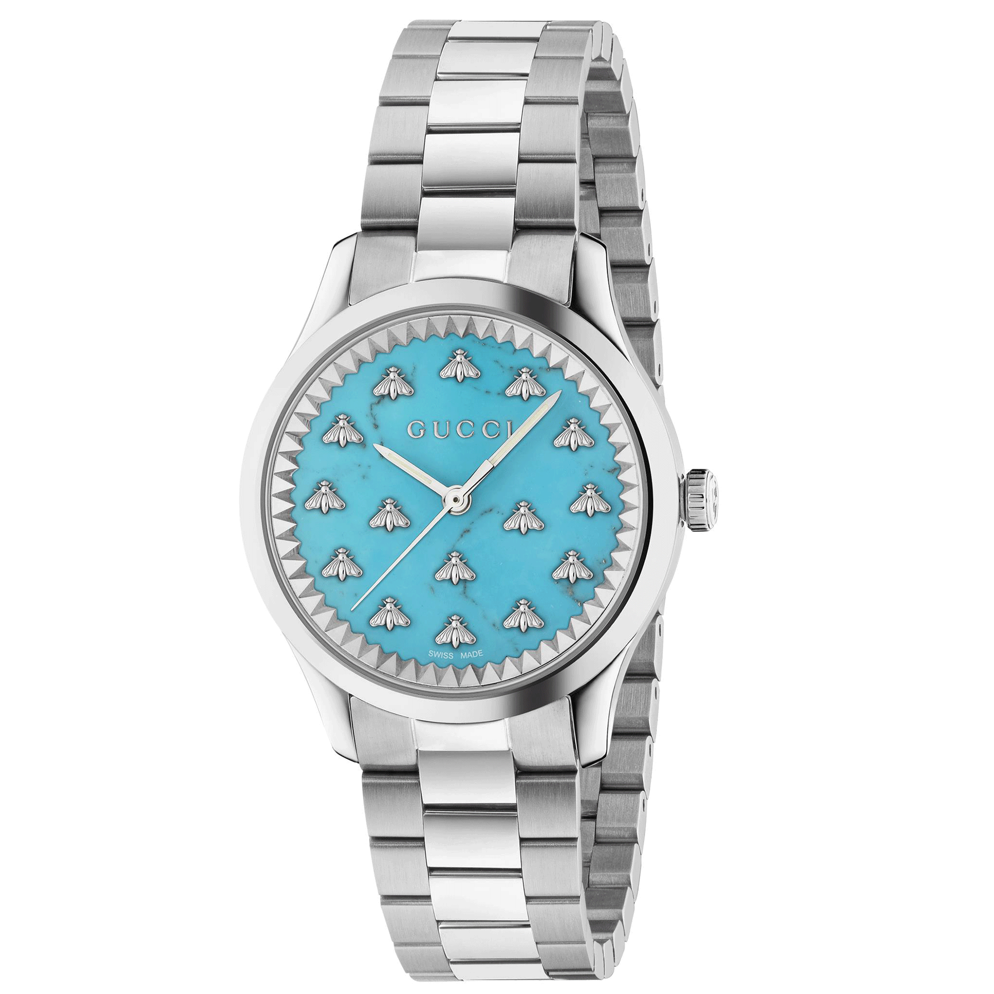 Gucci G-Timeless 32mm Quartz Steel Watch With A Turquoise Dial.