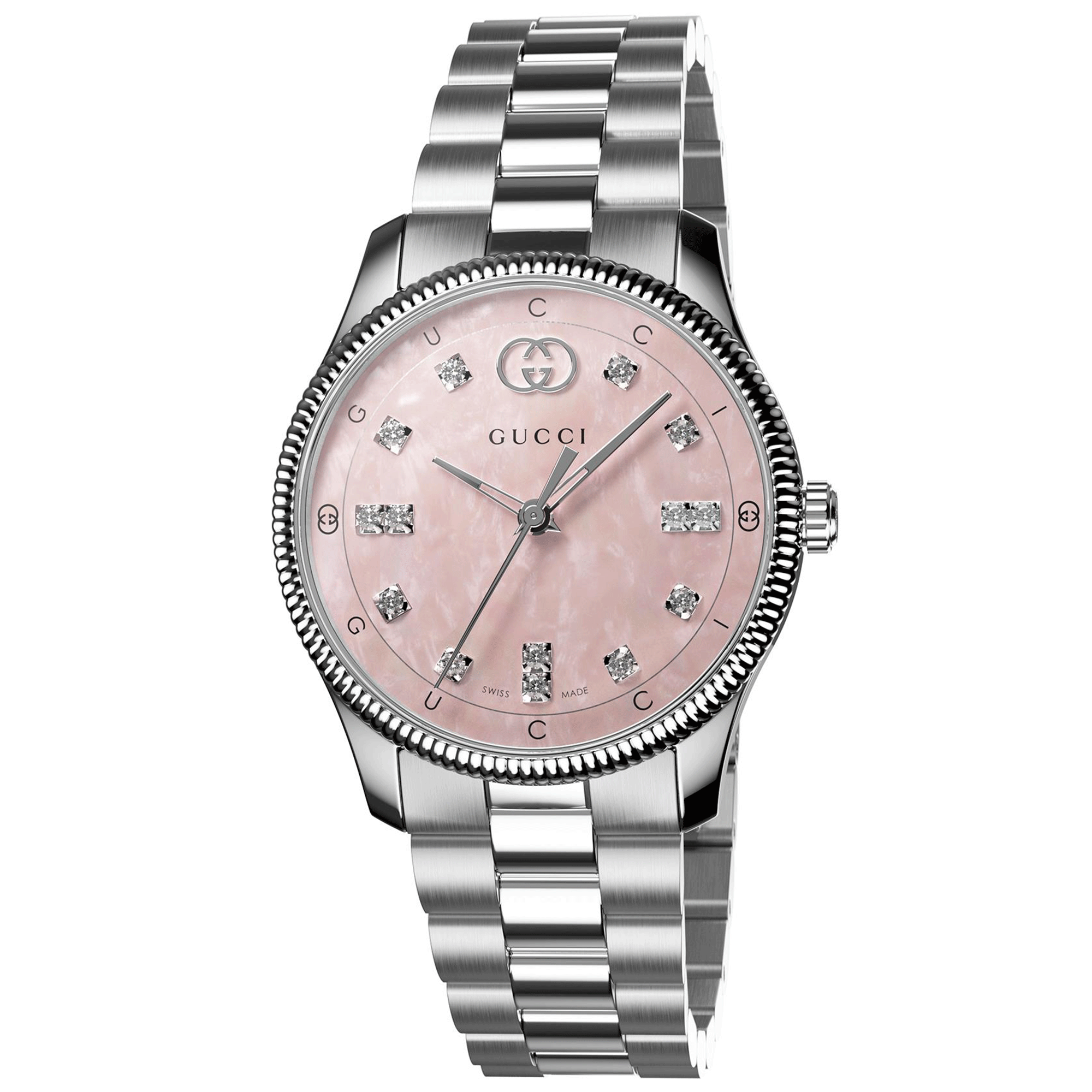 G-Timeless Quartz 29mm Stainless Steel Pink Mother of Pearl Diamond Dial Bracelet Watch