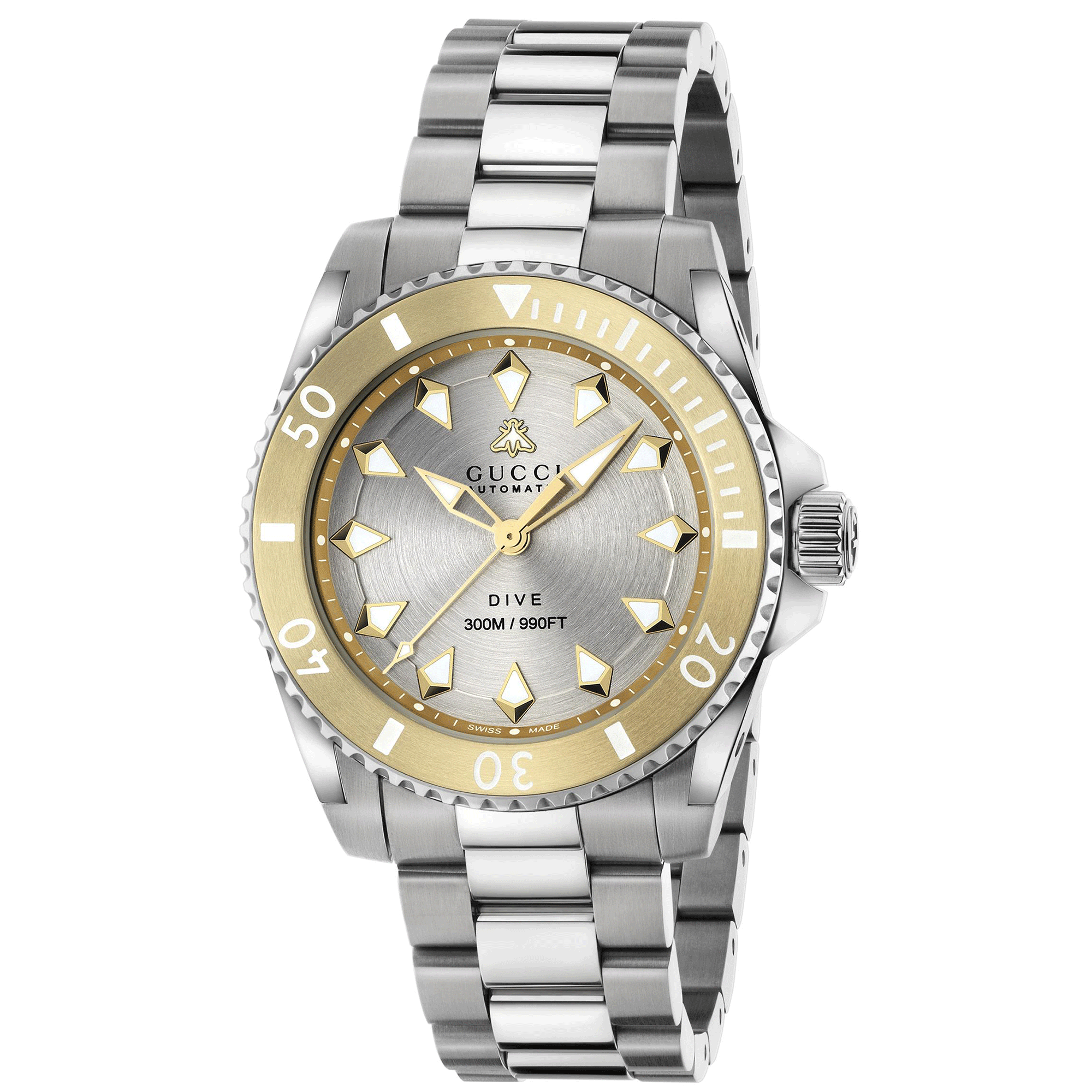 Gucci Dive 40mm Stainless Steel Automatic Watch With A Silver Dial & Gold Bezel