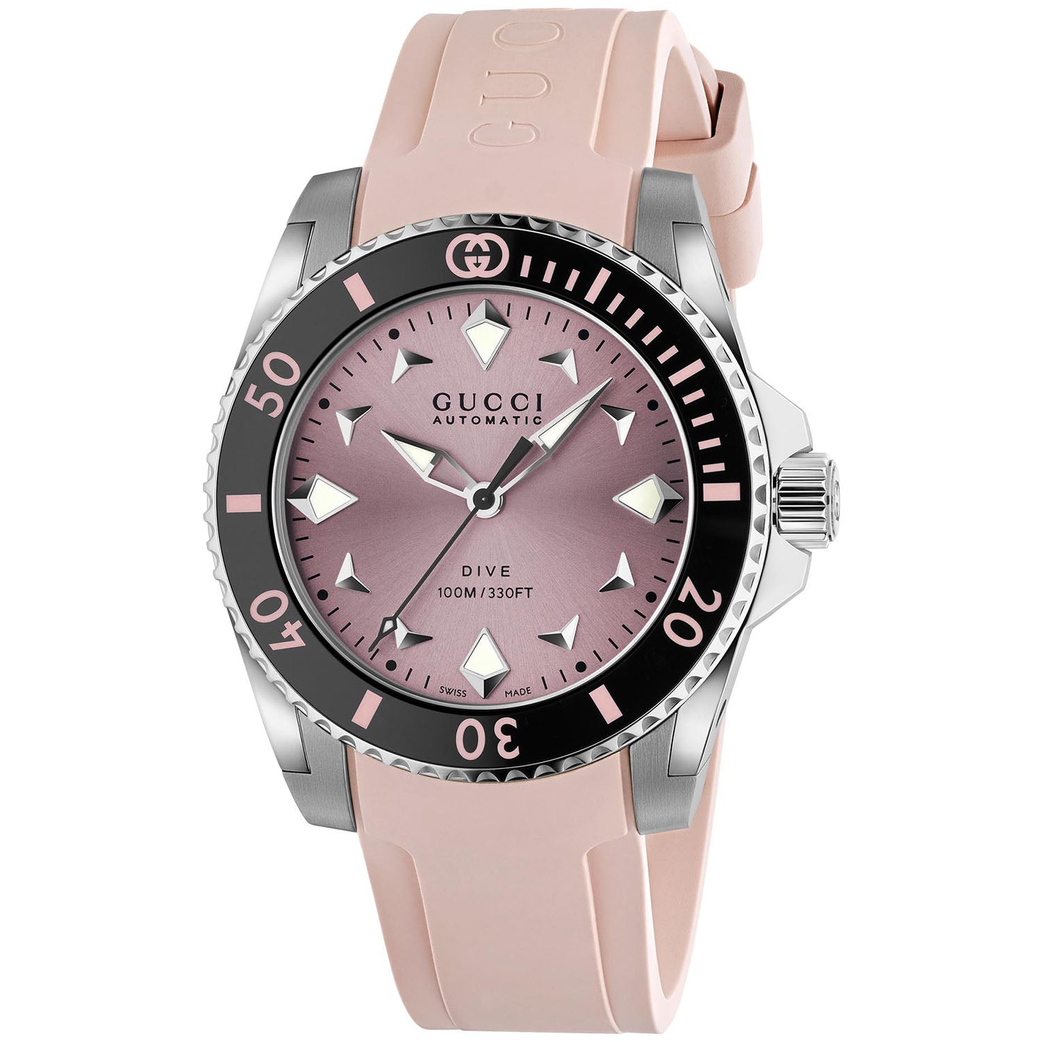 Gucci Dive Automatic 36mm Stainless Steel Pink Dial Rubber Strap Watch