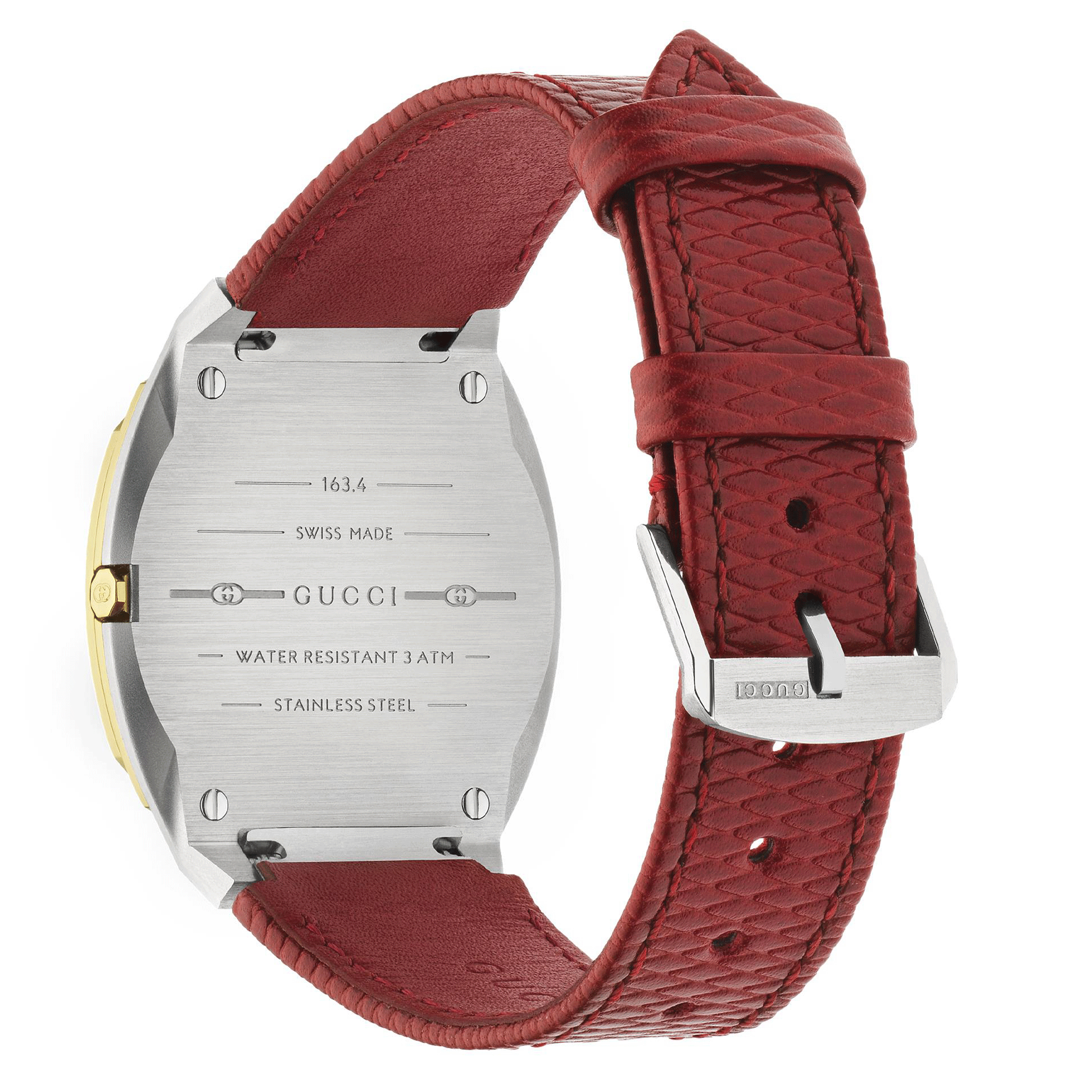 GUCCI 25H 34mm Stainless Steel Red Leather Strap Watch With A Champagne Dial & Bezel