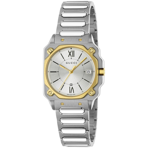 Gucci G-Flat Quartz 30mm Stainless Steel Silver Dial Gold Plated Bezel Bracelet Watch