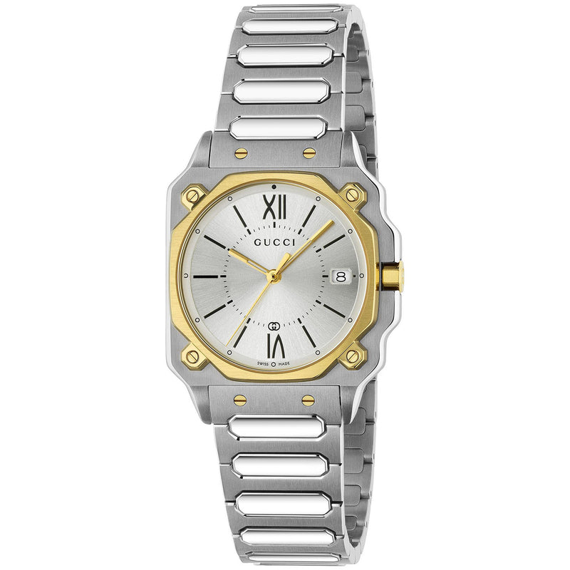 Gucci G-Flat Quartz 30mm Stainless Steel Silver Dial Gold Plated Bezel Bracelet Watch