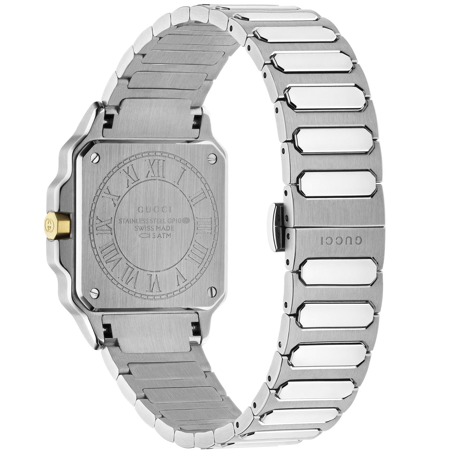 Gucci G-Flat Quartz 30mm Stainless Steel Silver Dial Gold Plated Bezel Bracelet Watch