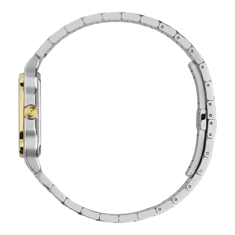 Gucci G-Flat Quartz 30mm Stainless Steel Silver Dial Gold Plated Bezel Bracelet Watch
