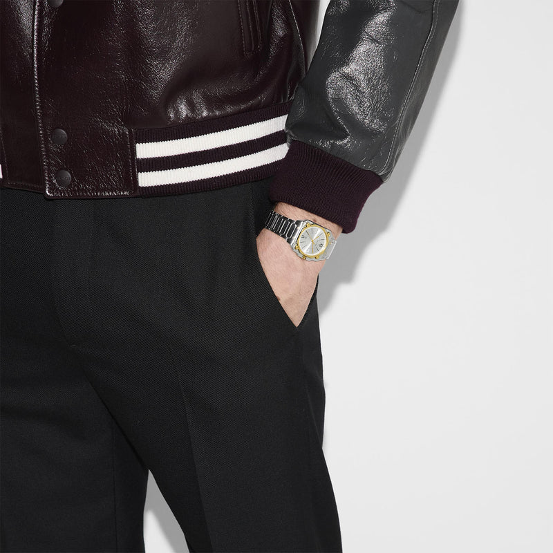 Gucci G-Flat Quartz 30mm Stainless Steel Silver Dial Gold Plated Bezel Bracelet Watch