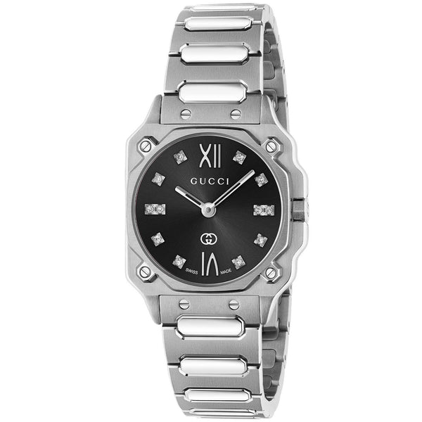 Gucci G-Flat Quartz Stainless Steel Black Diamond Dial Bracelet Watch - Berry's Jewellers