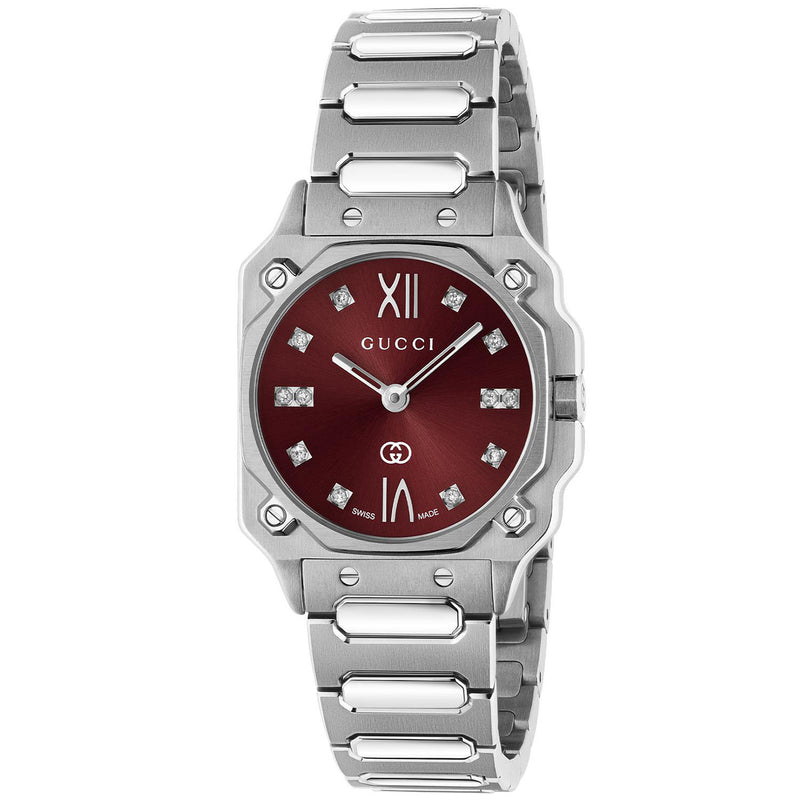 Gucci G-Flat Quartz Stainless Steel Burgundy Diamond Dial Bracelet Watch - Berry's Jewellers