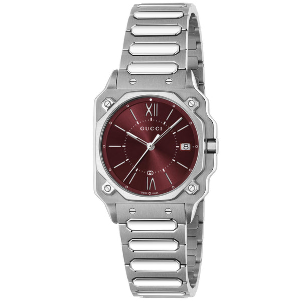 Gucci G-Flat Quartz Stainless Steel Burgundy Dial Bracelet Watch - Berry's Jewellers