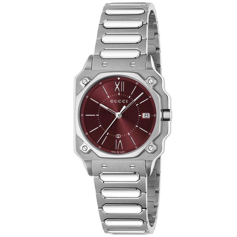 Gucci G-Flat Quartz Stainless Steel Burgundy Dial Bracelet Watch - Berry's Jewellers