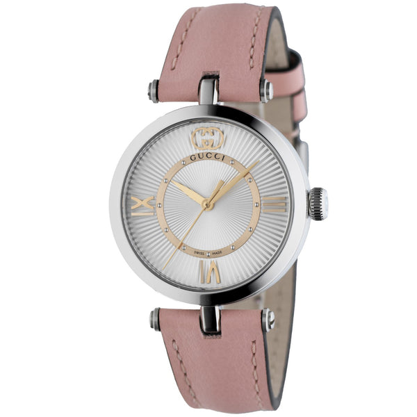 Gucci Model 2000 Quartz 30mm Stainless Steel Silver Dial Pink leather Strap Watch - Berry's Jewellers