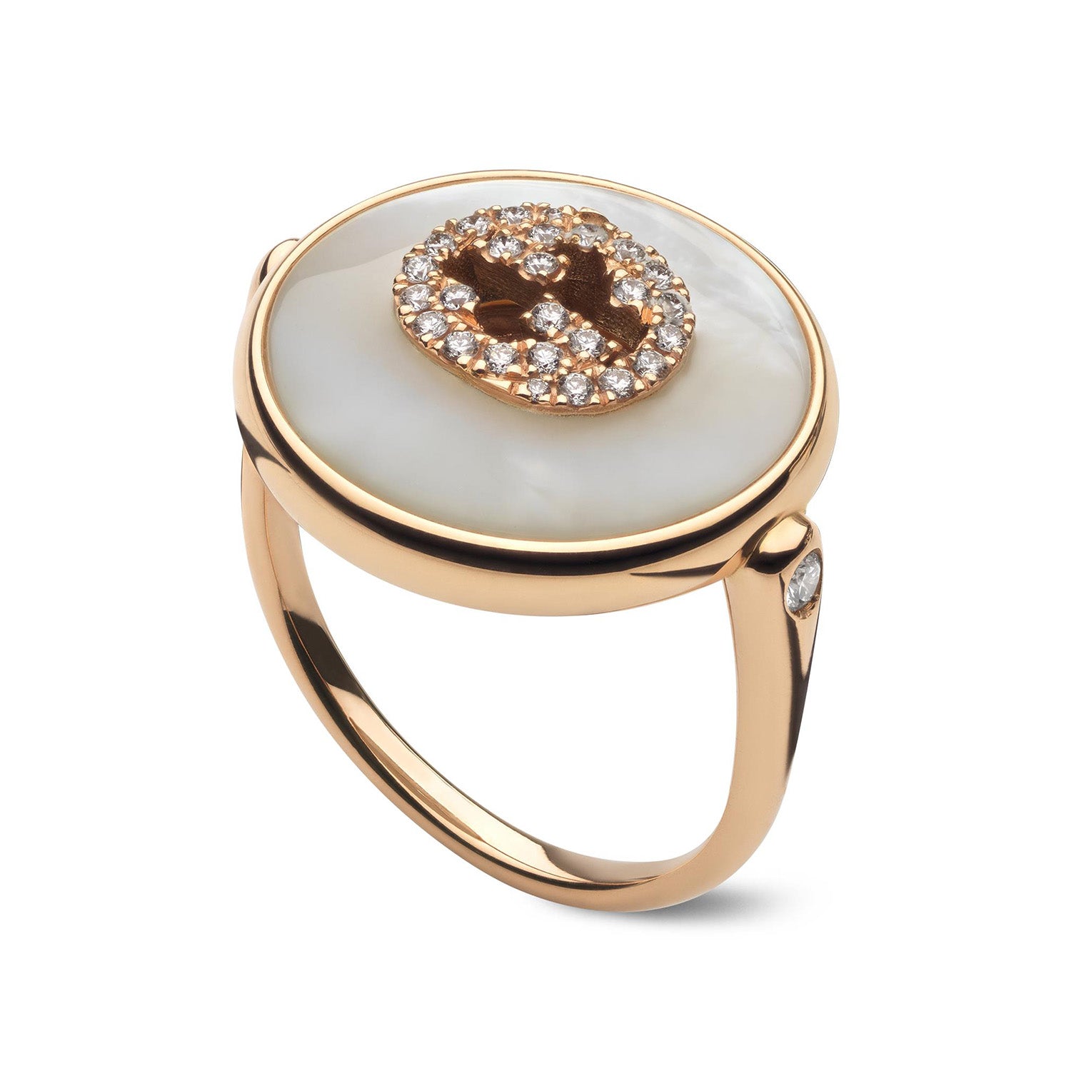 Gucci Interlocking 18ct Rose Gold Mother Of Pearl And Diamond Large Ring