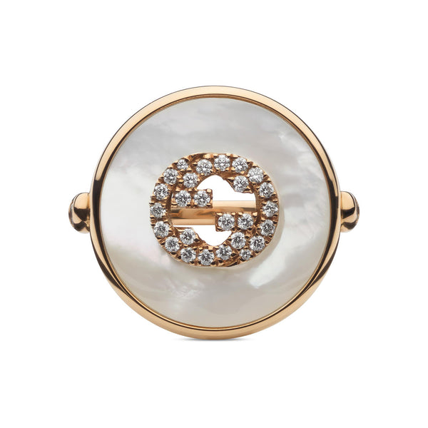 Gucci Interlocking 18ct Rose Gold Mother Of Pearl And Diamond Large Ring