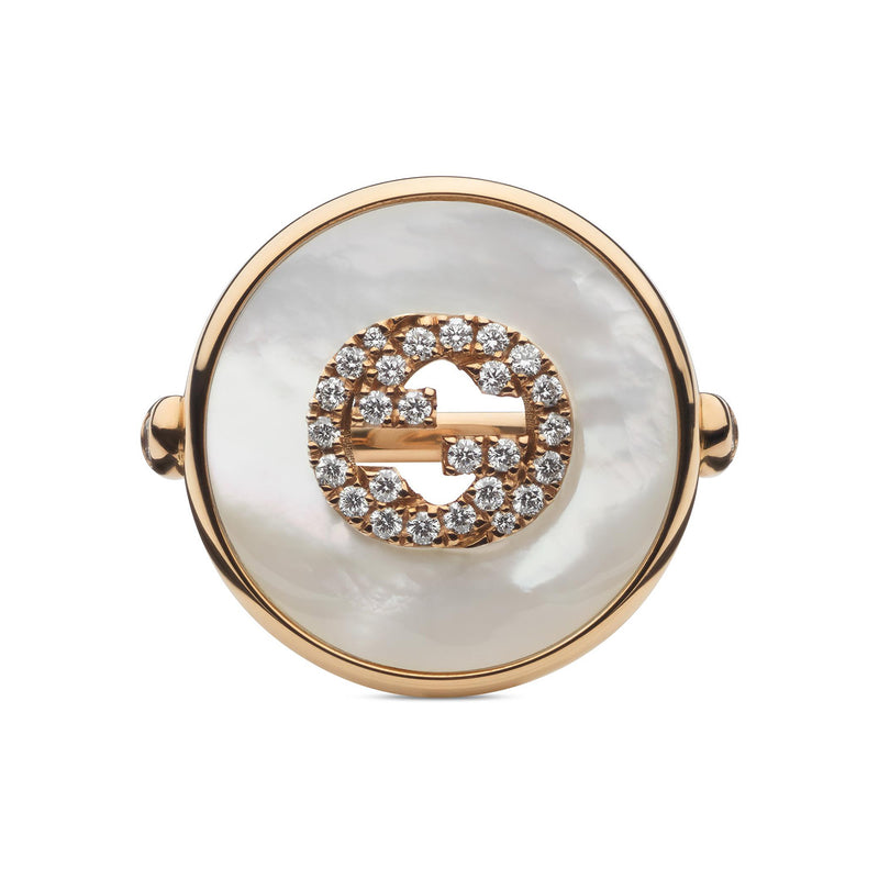 Gucci Interlocking 18ct Rose Gold Mother Of Pearl And Diamond Large Ring