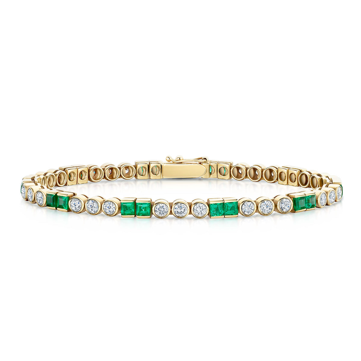 Berry's 18ct Yellow Gold Square Cut Emerald and Round Brilliant Cut Diamond Line Bracelet - Berry's Jewellers