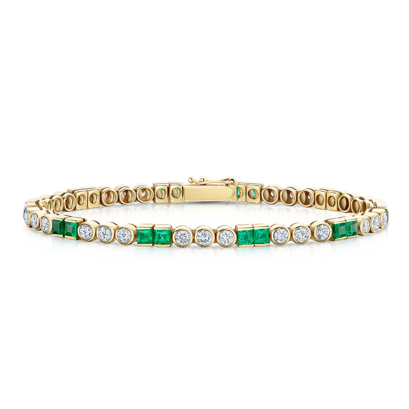 Berry's 18ct Yellow Gold Square Cut Emerald and Round Brilliant Cut Diamond Line Bracelet - Berry's Jewellers