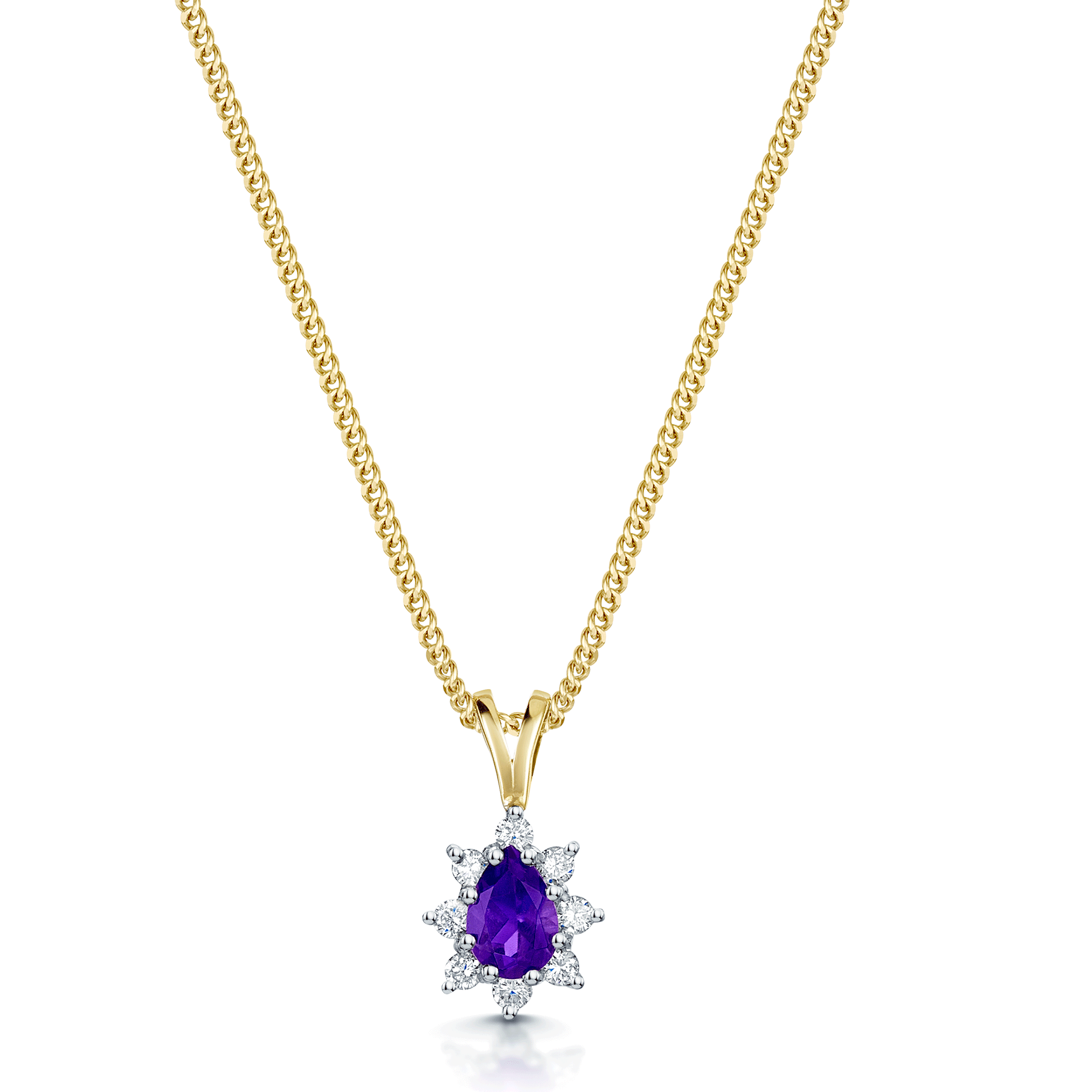 18ct White & Yellow Gold Pear Cut Amethyst And Round Brilliant Cut Diamond Cluster Pendant